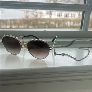 CHANEL Silver Chain Round Sunglasses with Brown Gradient Lenses